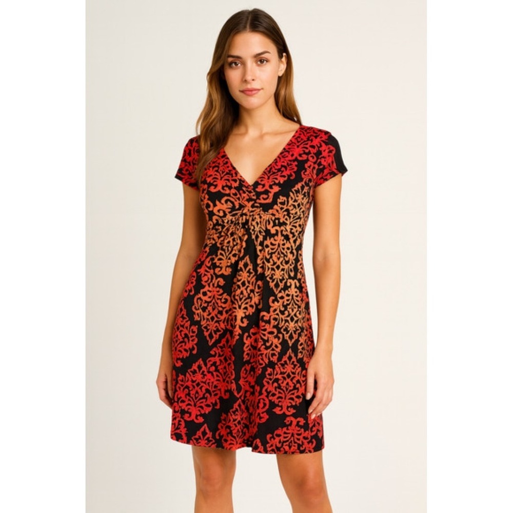 Soma Knit Dress Womens Large Red Orange Damask Empire Waist V-Neck Cap Sleeve - Picture 2 of 15